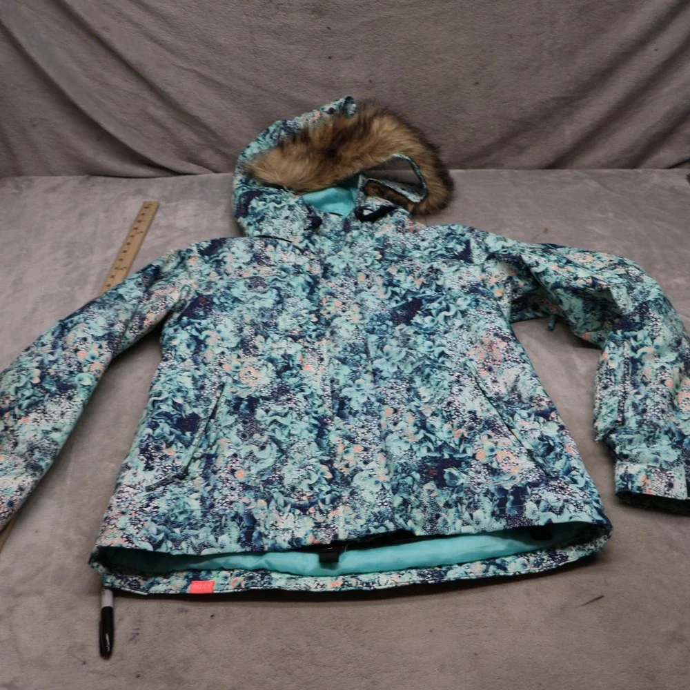 Roxy Jacket Womens XL Blue Floral Faux Fur Hood DryFlight Waterproof Full Zip